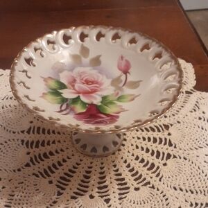 Vtg Lefton Handpainted Pink, Deep Roses Compote Bowl Pedestal W/gold Edges Japan